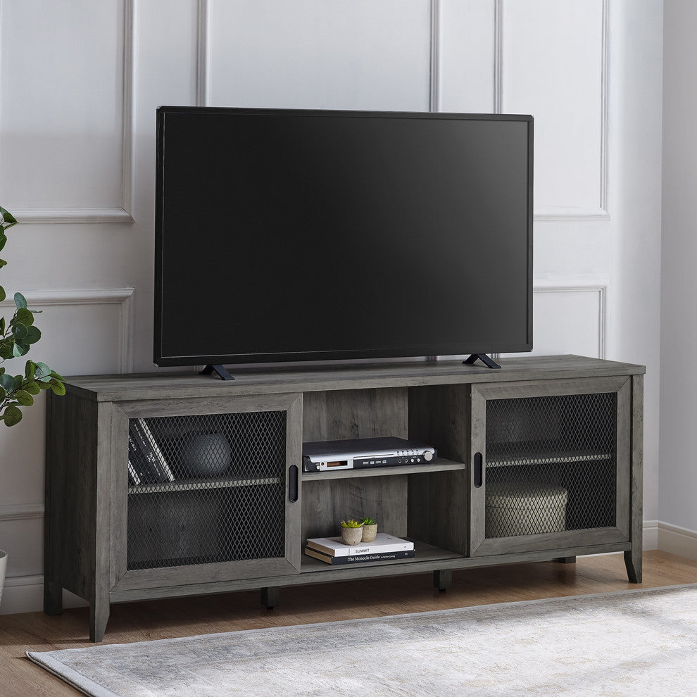 70" Industrial Sliding Mesh Door TV Console, Gray Wash