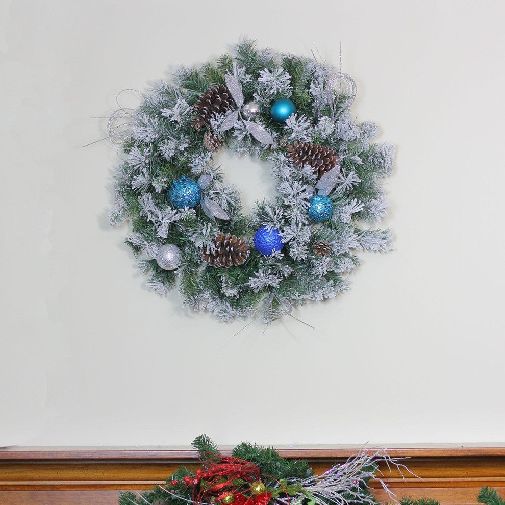 Teal and Silver Ball Flocked, Pine Cones Artificial Christmas Wreath, Unlit