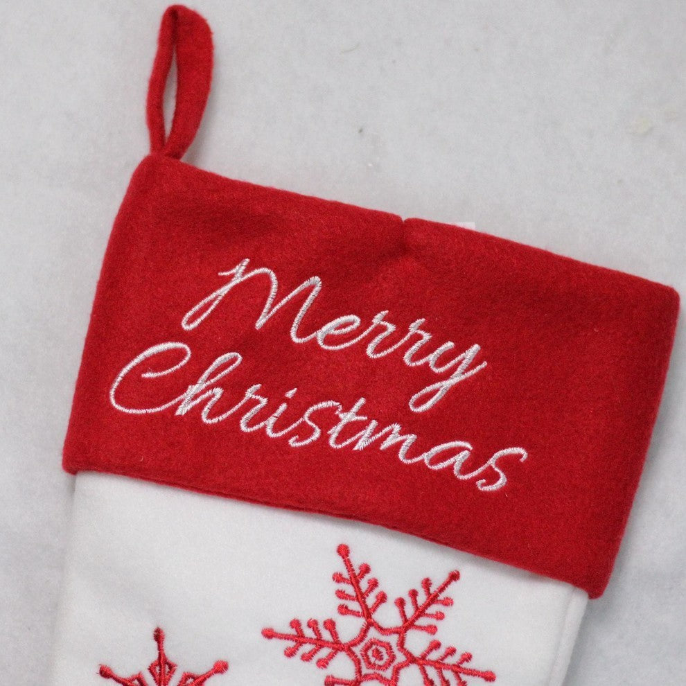 "Merry Christmas" Snowflake Embroidered Christmas Stocking, Red and White, 12"