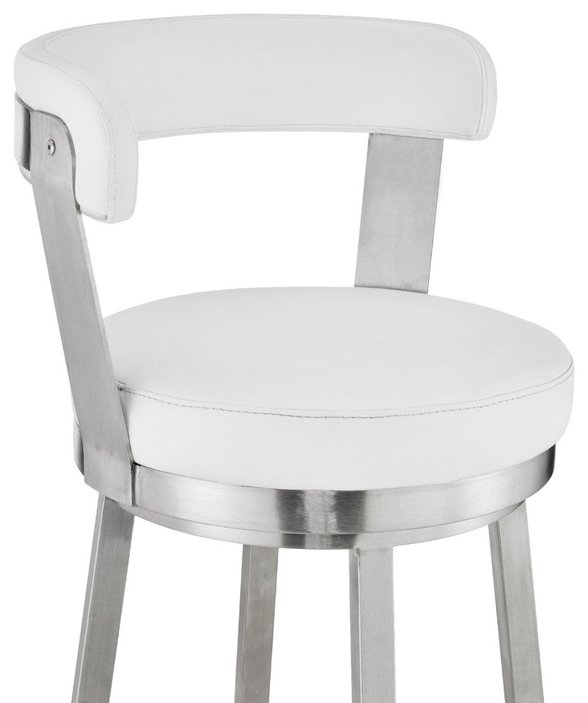 30" Chic White Faux Leather With Stainless Steel Finish Swivel Bar Stool