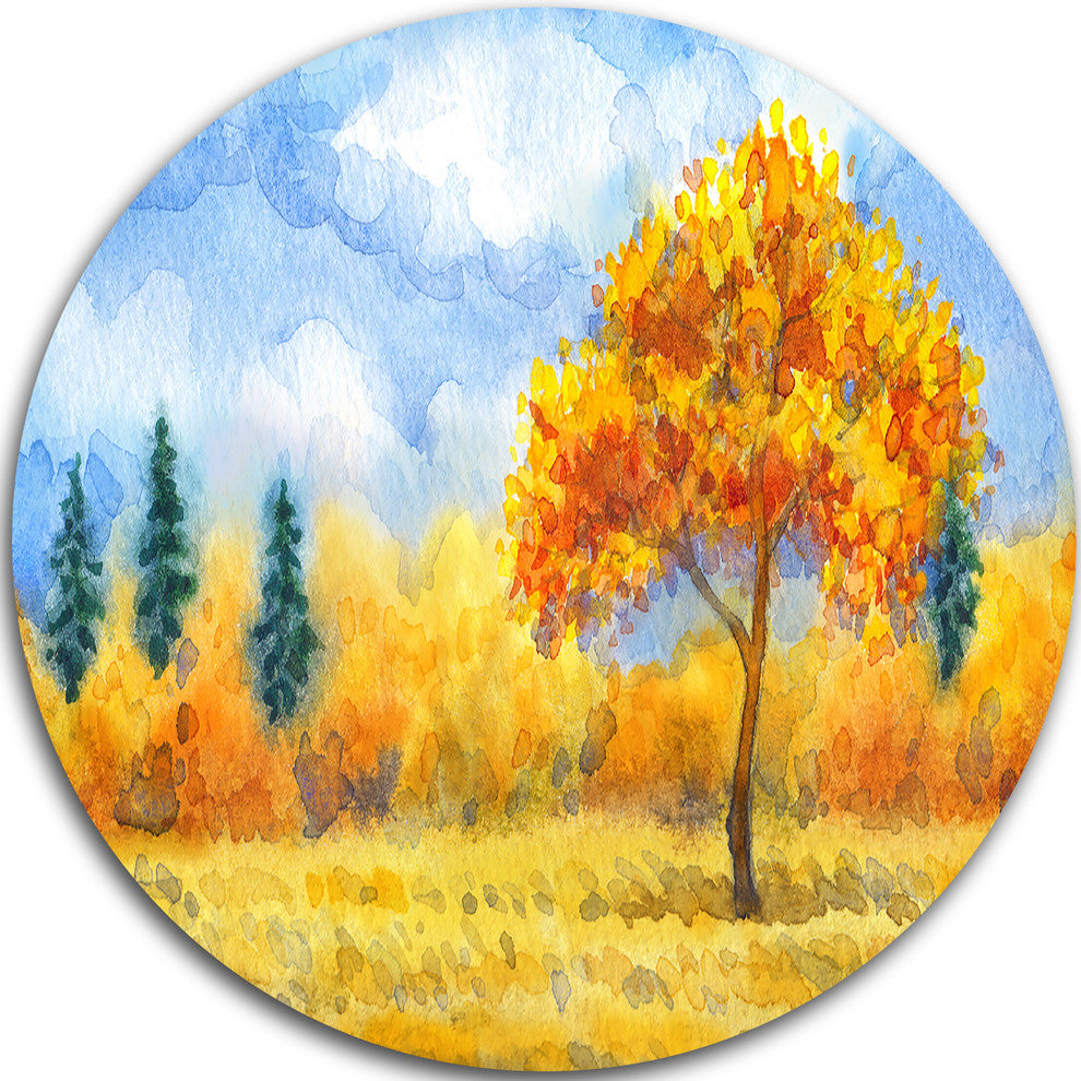 Yellow Trees, Watercolor Painting Landscape Disc Metal Wall Art, 36"