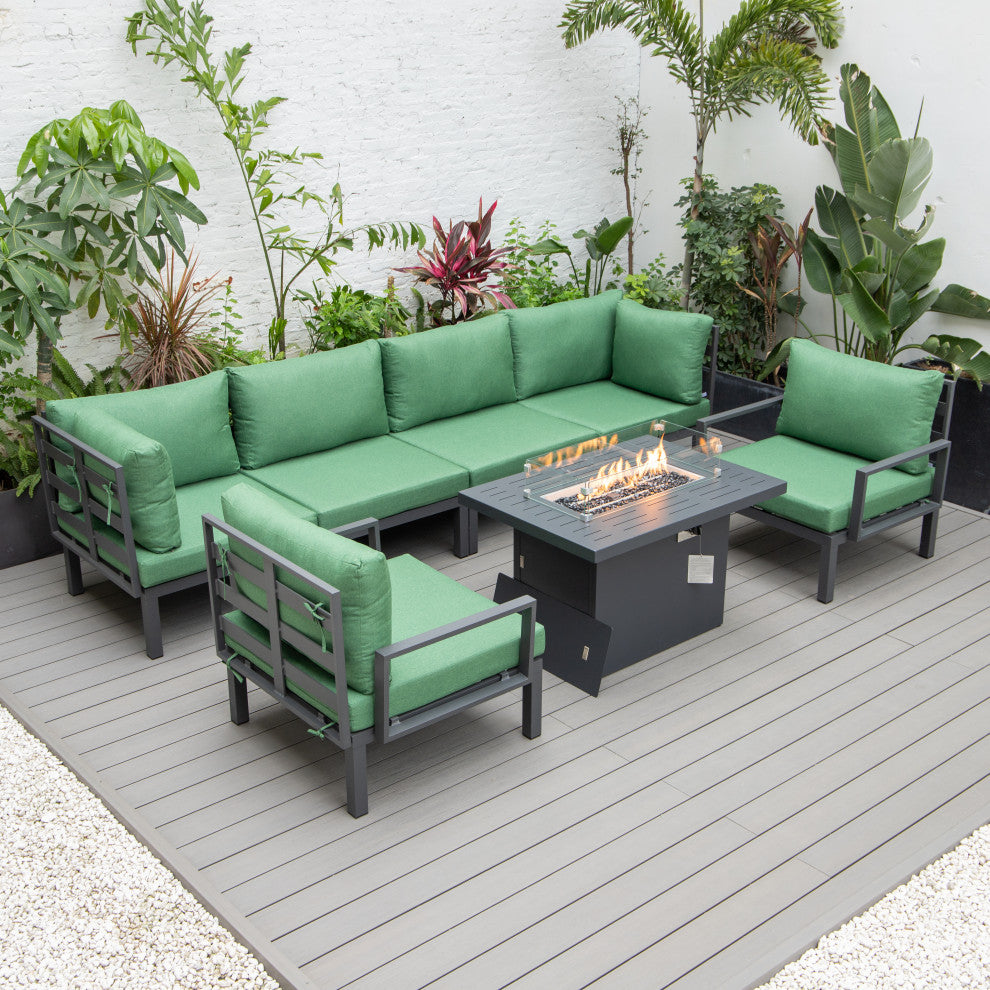 LeisureMod HSFBL-7G Hamilton 7-Pcs Conversation Set Fire Pit Table&Cushions