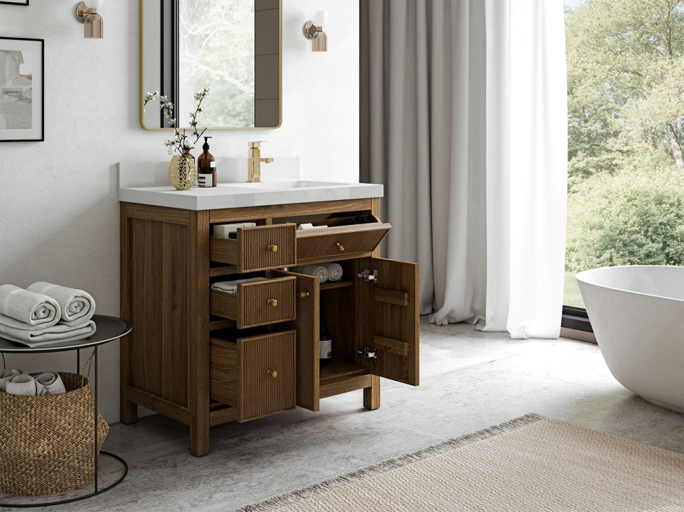 Sonoma Teak 36 Right Offset Bath Vanity in Dark Natural with 2" Calacatta Nuvo