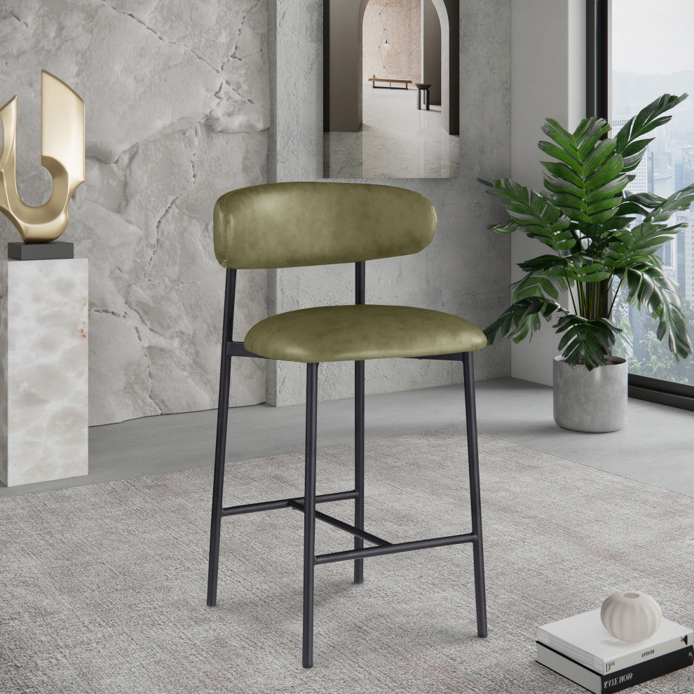 Lupita Upholstered Counter Stool, Olive, Vegan Leather, Matte Black, Set of 2