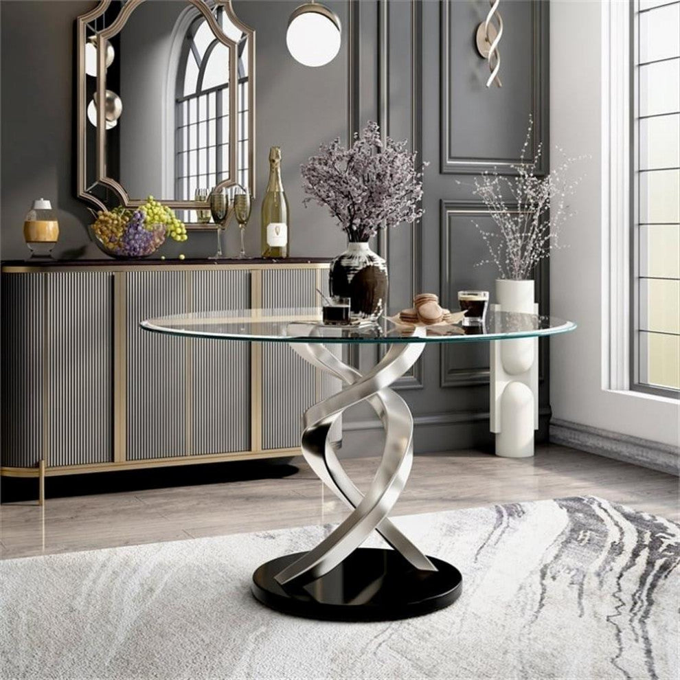 Bowery Hill Contemporary Glass Gray Finish Round Dining Table
