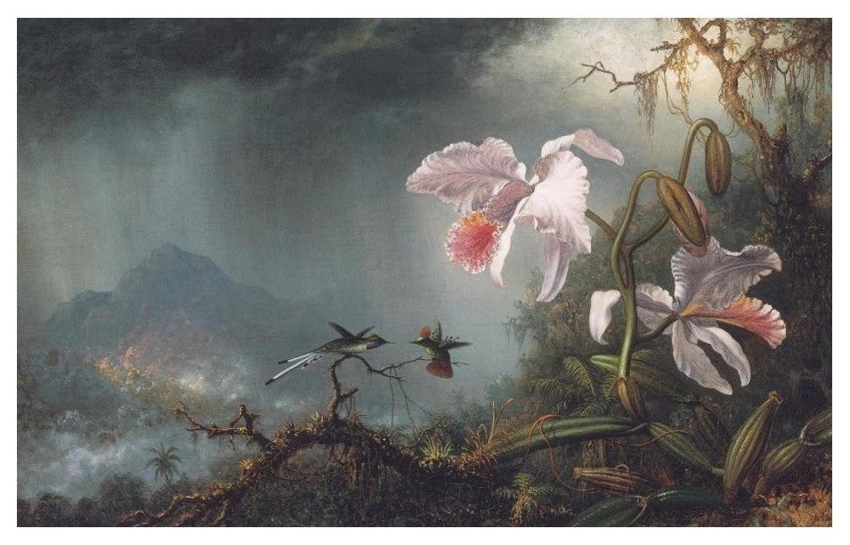 "Two Fighting Hummingbirds With Two Orchids" Paper Art, 24"x16"