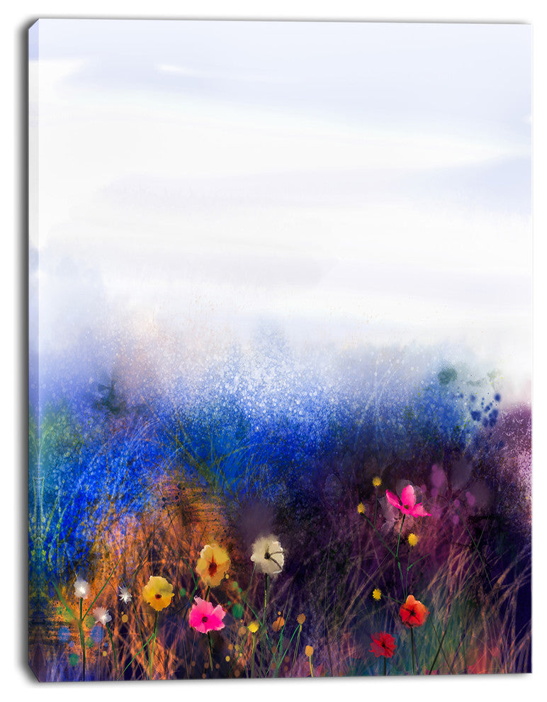 Watercolor Painting Flower in Meadow, Floral Canvas Art Print, 28"x60"