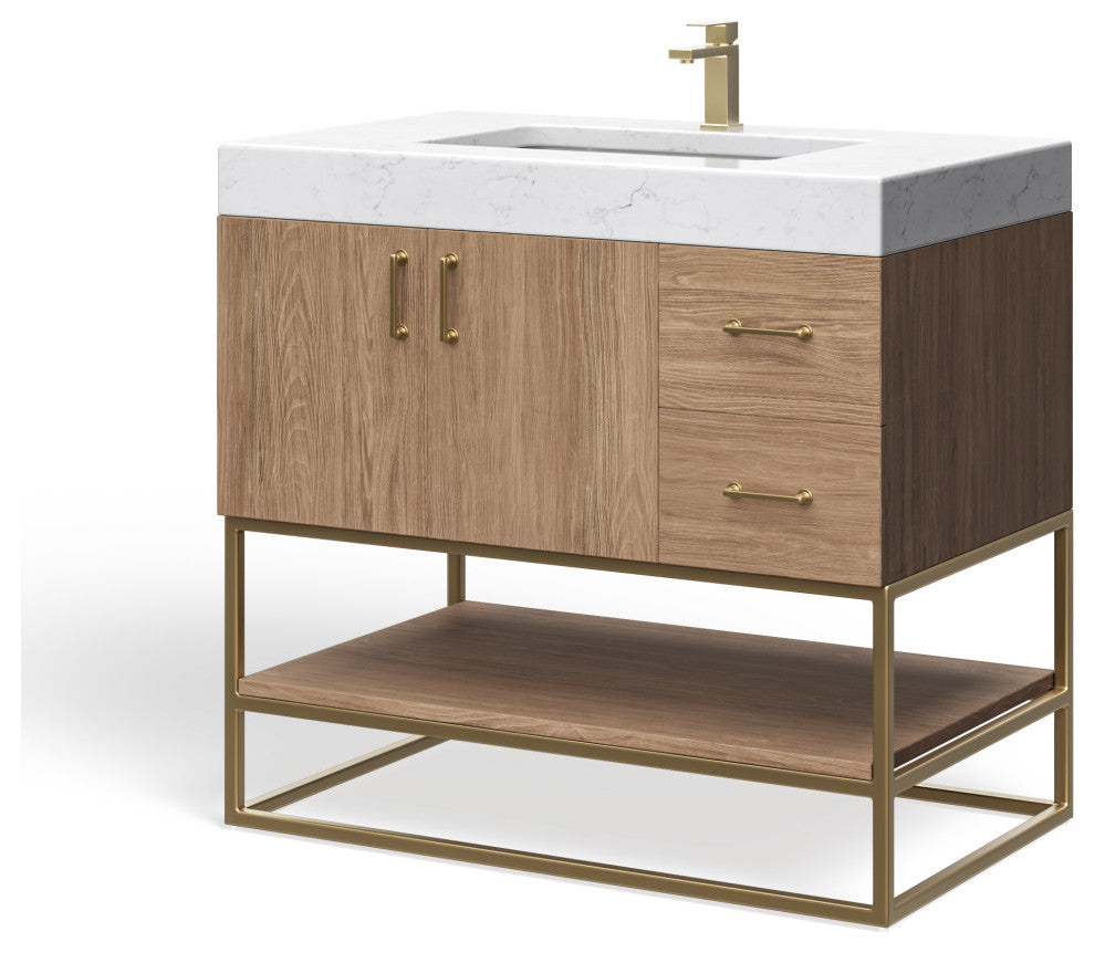 Bahia Bath Vanity, Oak, 36", Brushed Gold Hardware, Single, Freestanding