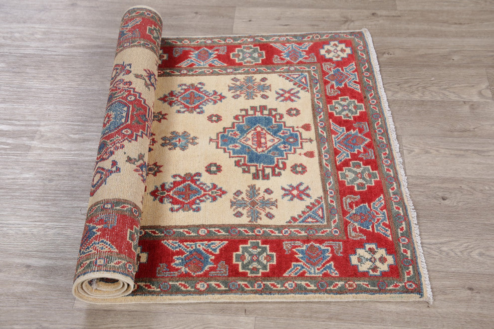 Hand-Knotted Kazak Oriental Traditional Pakistani Area Rug, Beige, 5'5"x3'2