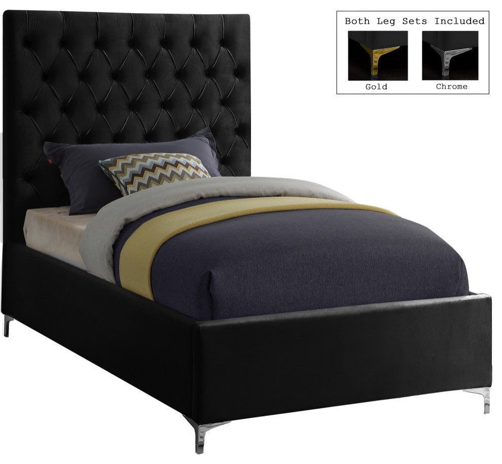 Cruz Velvet Upholstered Bed, Black, Twin