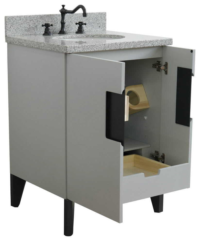 25" Single Sink Vanity, Light Gray Finish With Gray Granite And Oval Sink