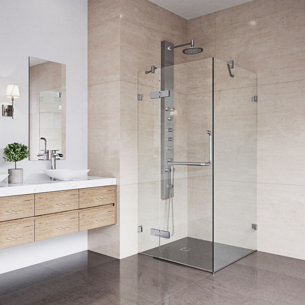 VIGO Monteray 30"D x 30"W x 73"H Frameless Hinged Shower Enclosure, Chrome, Without Base
