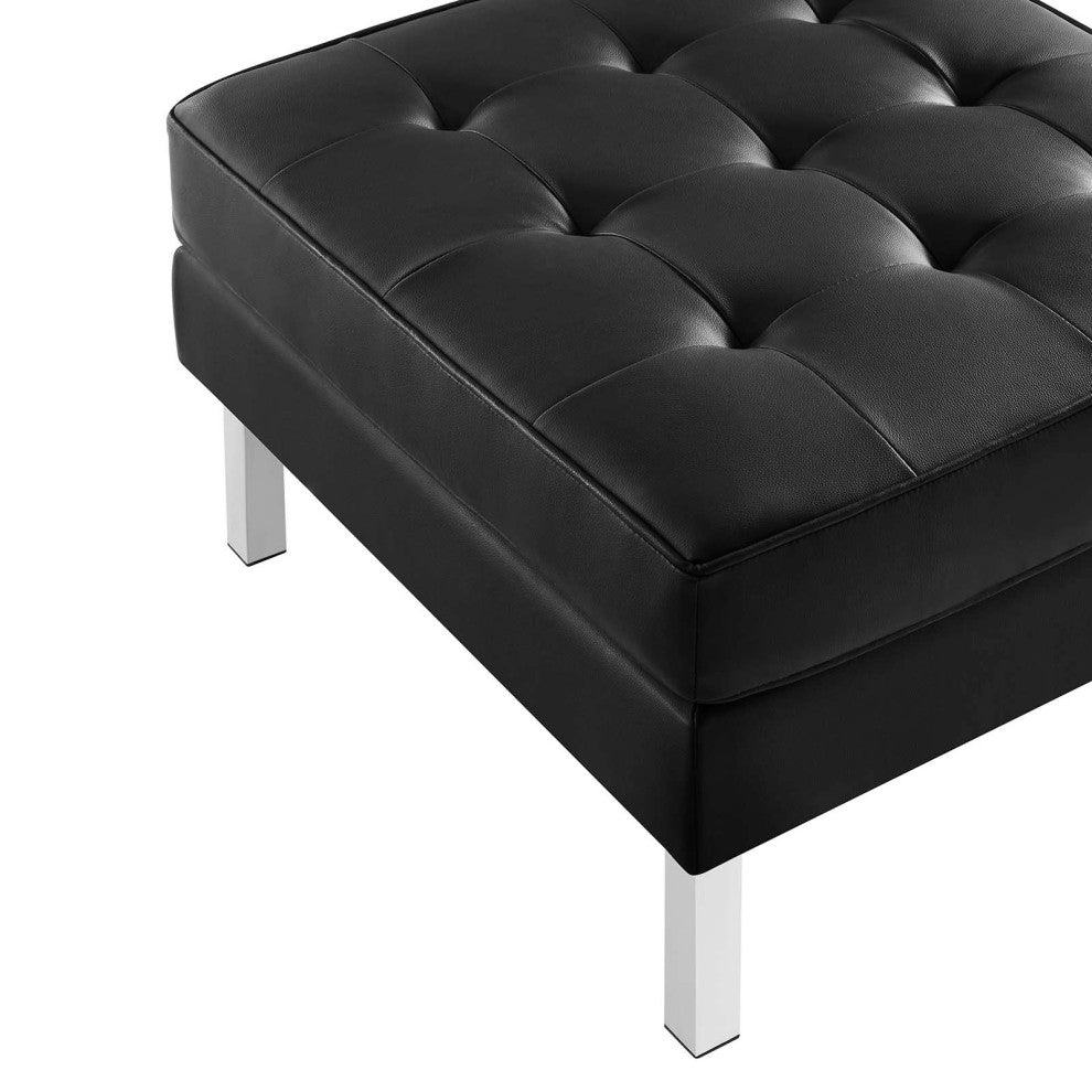 Loft Tufted Vegan Leather Sofa and Ottoman Set, Silver Black