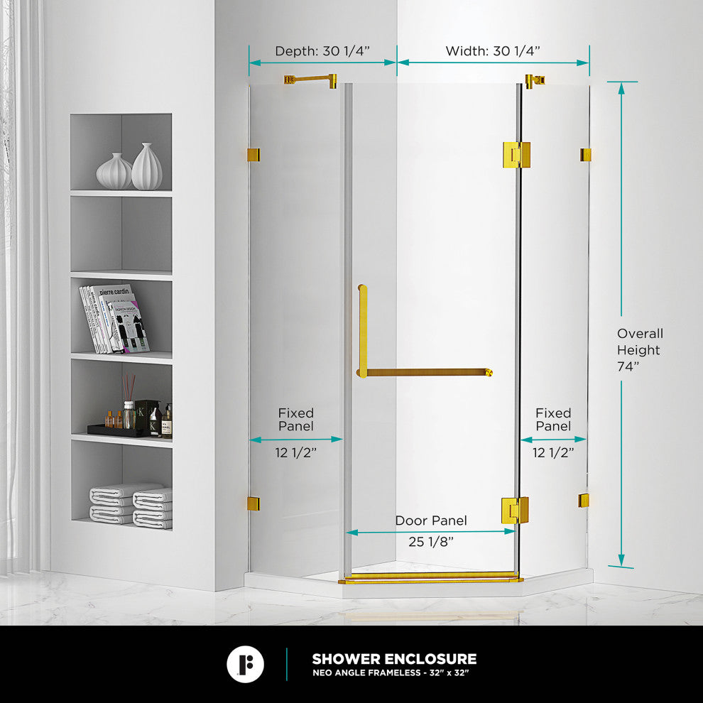 Shower Enclosure Neo Angle Frameless Tempered Glass, Satin Brass, 30" X 30"