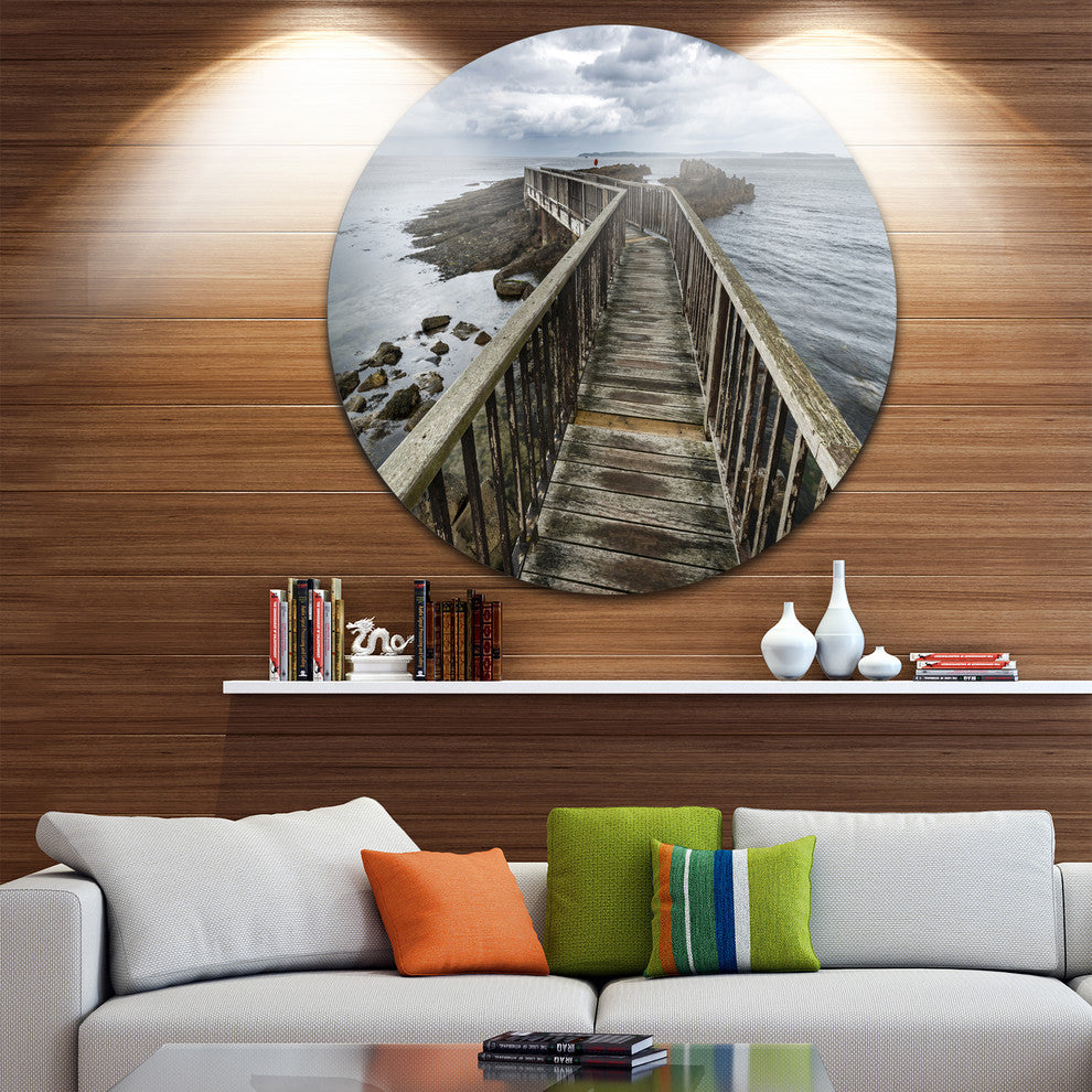 Wooden Pier On North Irish Coastline, Sea Bridge Round Wall Art, 11"