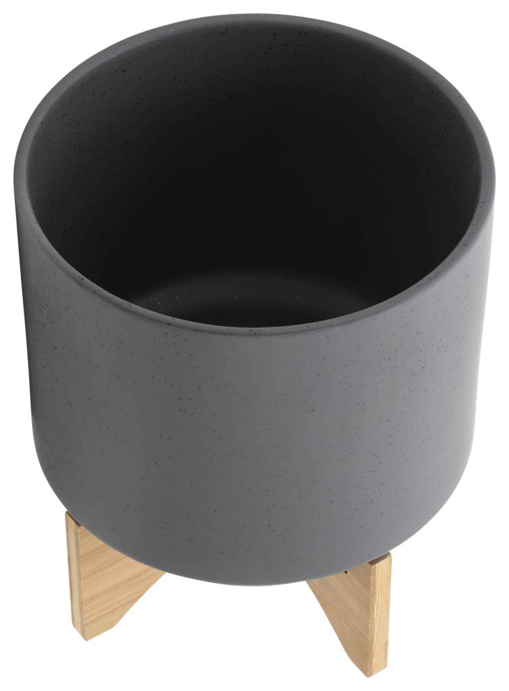 2-Piece Set Planter With Wood Stand, Matte Gray