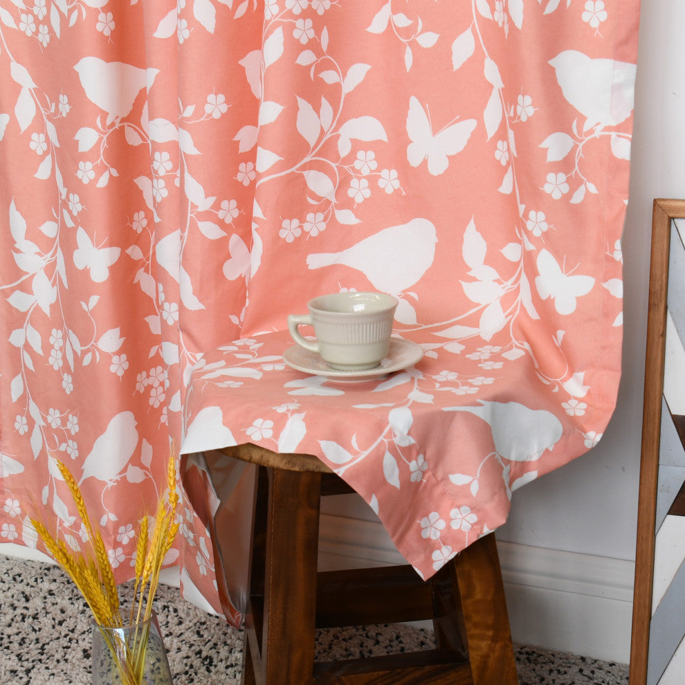Printed Microfiber Birdsong Curtains, Set of 2, Coral