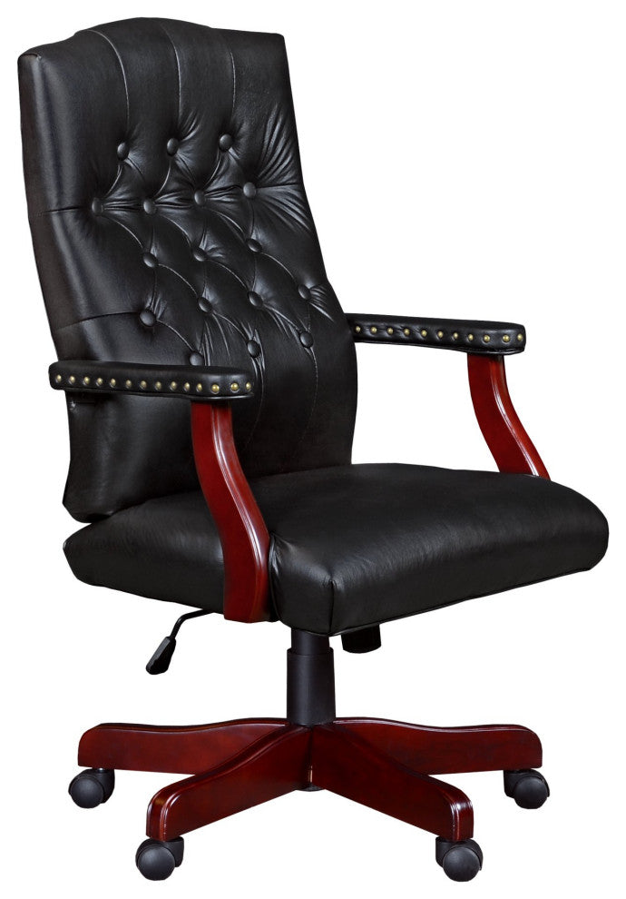 Traditional Office Chair, Hardwood Frame & Button Tufted PU Back, Black/Mahogany