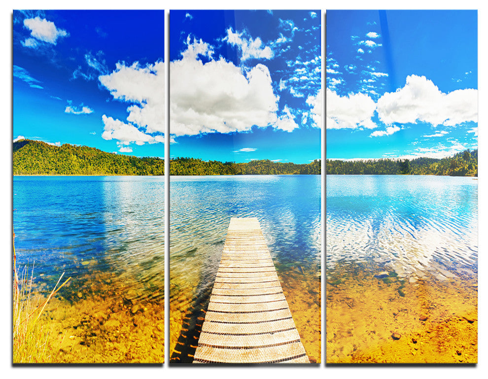 "Lake With Pier Panorama" Photography Glossy Metal Wall Art, 3 Panels, 36"x28"