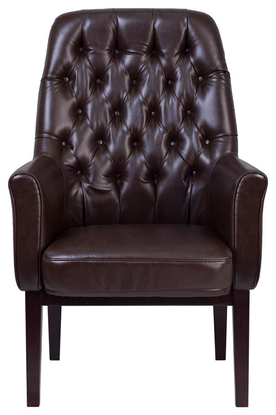 High Back Traditional Tufted Brown Leather Side Reception Chair