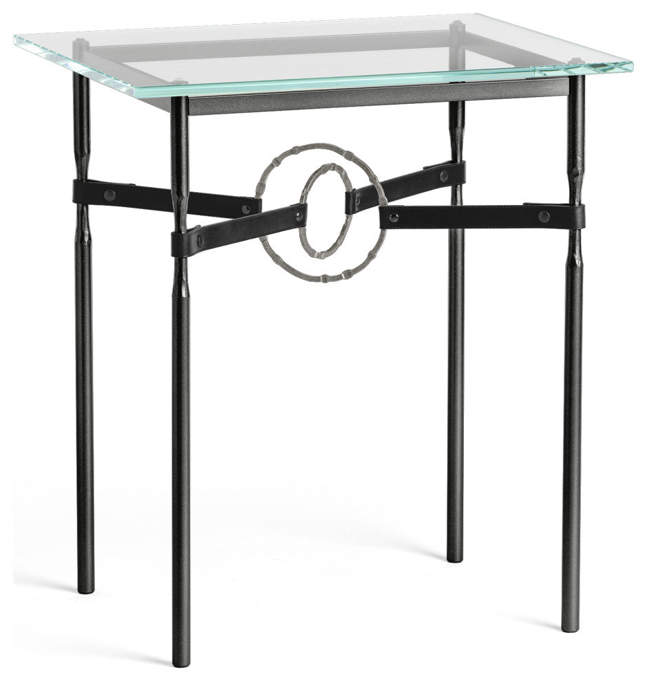 Equus Side Table, Black Finish, Natural Iron Accents, Black Leather Strap