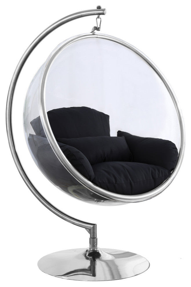 Luna Metal Acrylic Swing Bubble Accent Chair With Stand, Black, Chrome Base