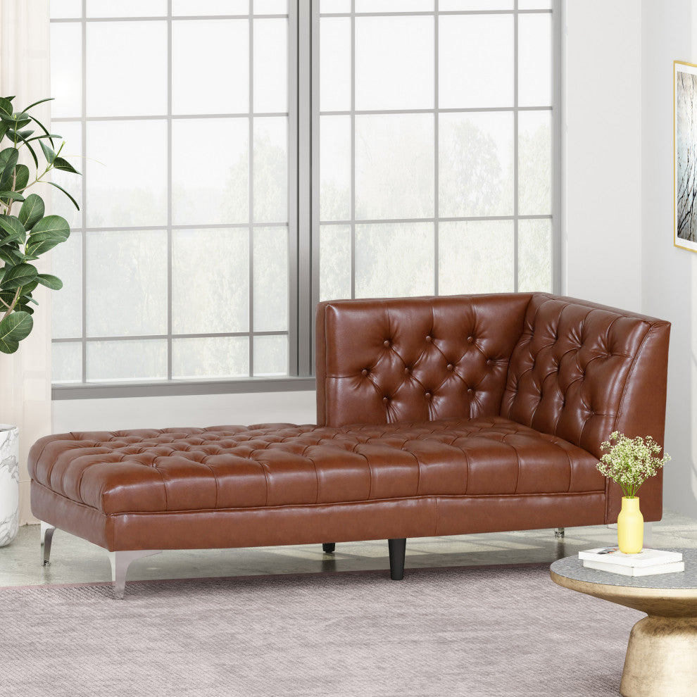 Bluffton Contemporary Tufted One Armed Chaise Lounge, Cognac + Silver