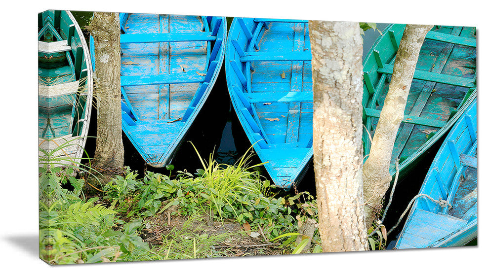 Blue Boats on Lake Phewa, Boat Canvas Art Print, 32"x16"