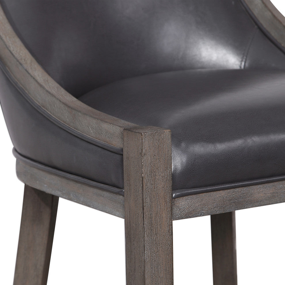 Elegant Gray Brown Faux Leather Bar Stool Counter Back Cushion Exposed Wood