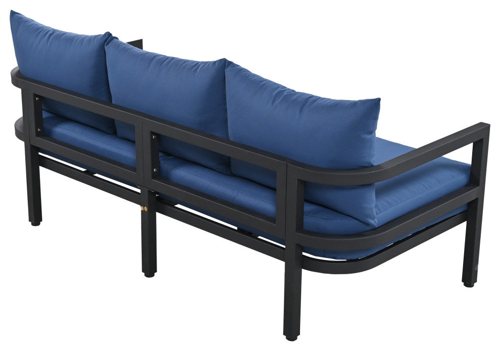 4-Piece Outdoor  Steel Patio Sectional with Table and Cushions, Blue