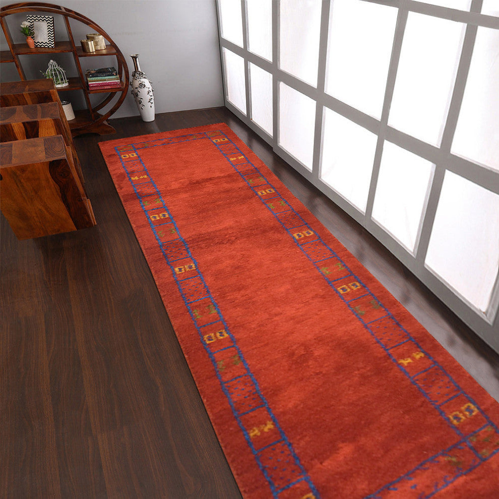 HAND KNOTTED LOOM SILK ECO-FRIENDLY AREA RUG -2'6''x12',Runner,Rust,Contemporary
