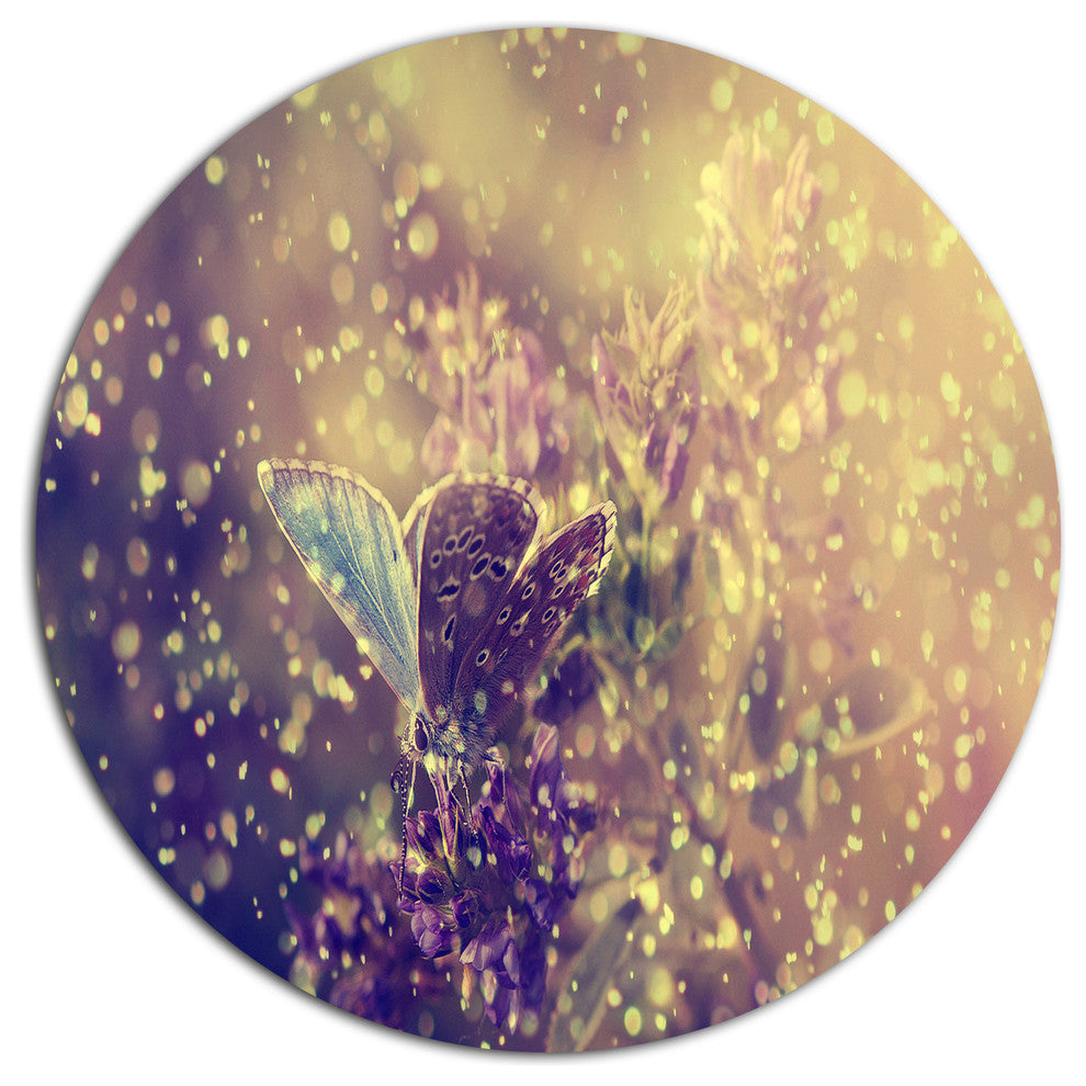 Blue Butterfly And Purple Flowers, Modern Flower Round Wall Art, 23"