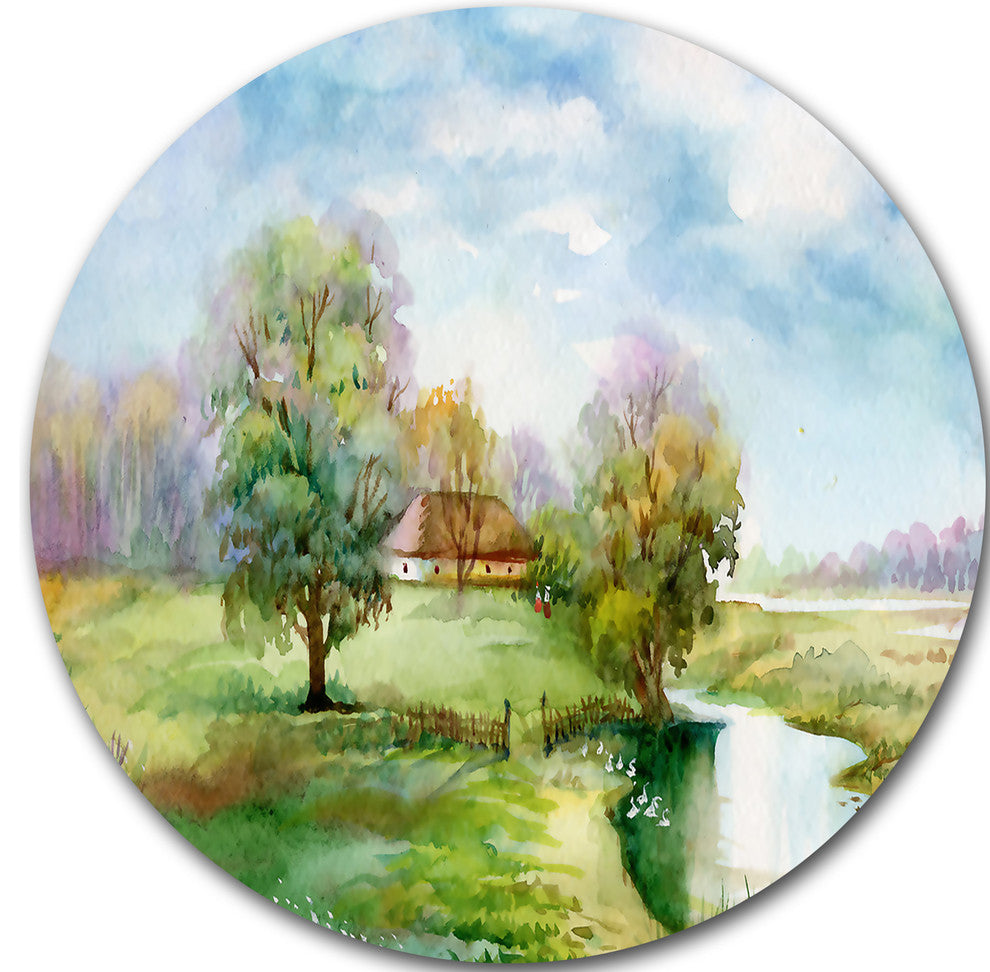 Village Life, Landscape Disc Metal Artwork, 36"