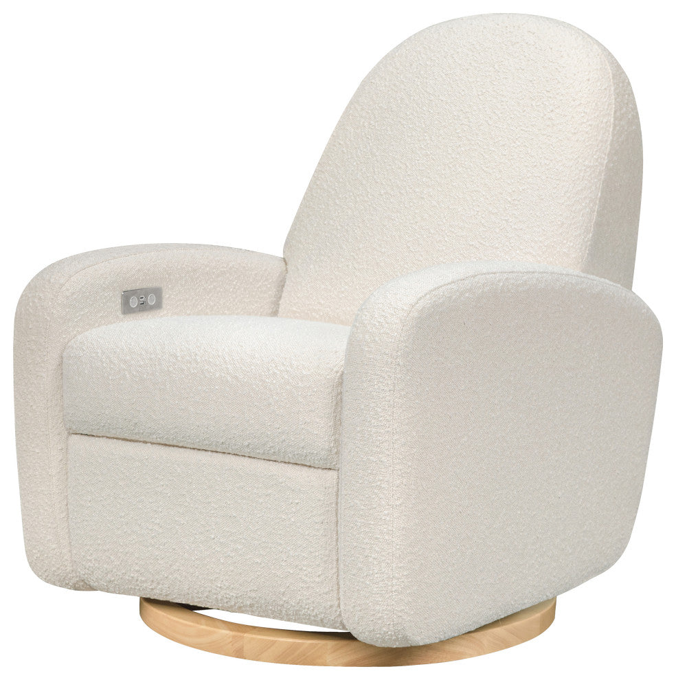 Nami Electronic Recliner and Swivel Glider Recliner, Boucle With USB port, Ivory Boucle With Light Wood Base