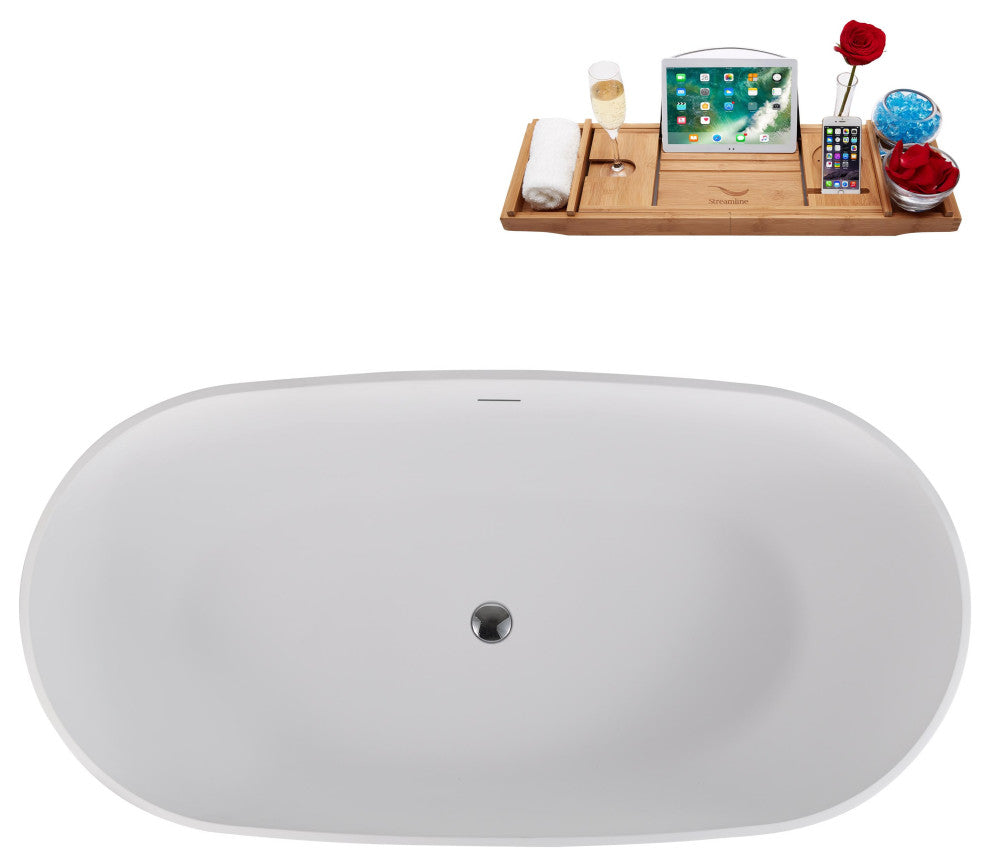 59" Streamline NS5860CH Matte White Stone Resin Bathtub, Tray With Chrome Drain