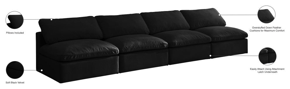 Plush Velvet / Down Standard Comfort Modular Sofa, Black, 3-Piece: 3 Armless Chair