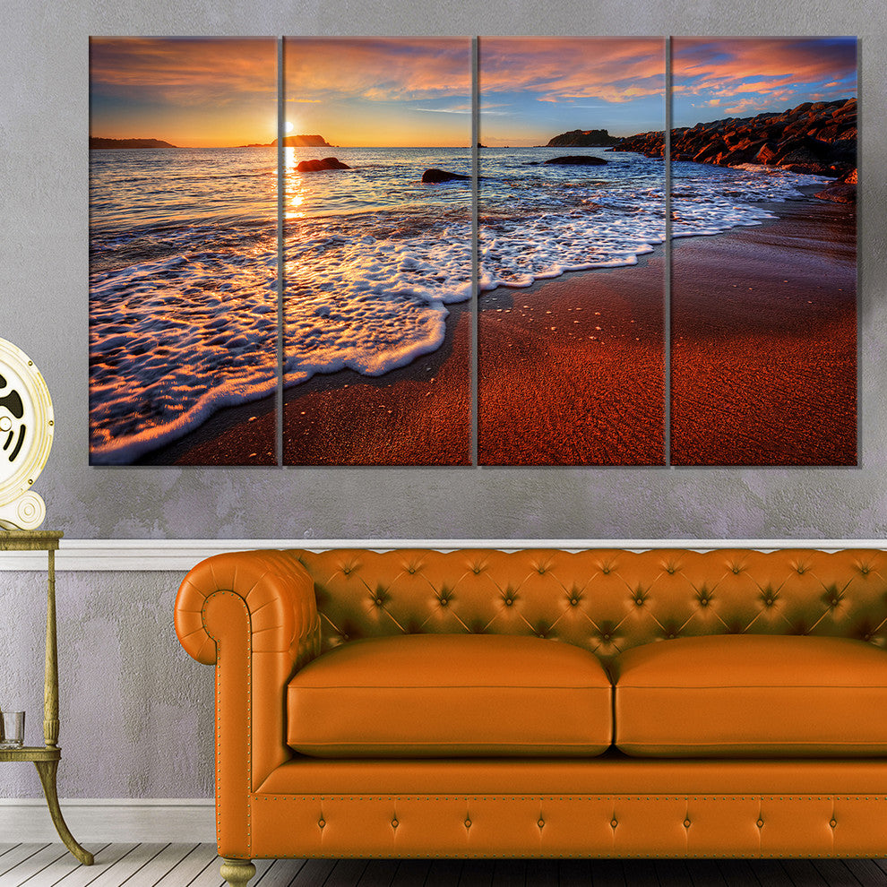 Stunning Ocean Beach at Sunset, Seashore Canvas Print, 48"x28", 4 Panels