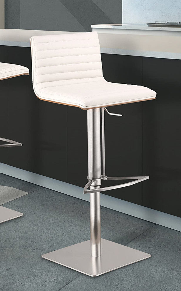 Elegant Bar Stool, Brushed Stainless Steel Base and Tufted PU Leather Seat, Whit