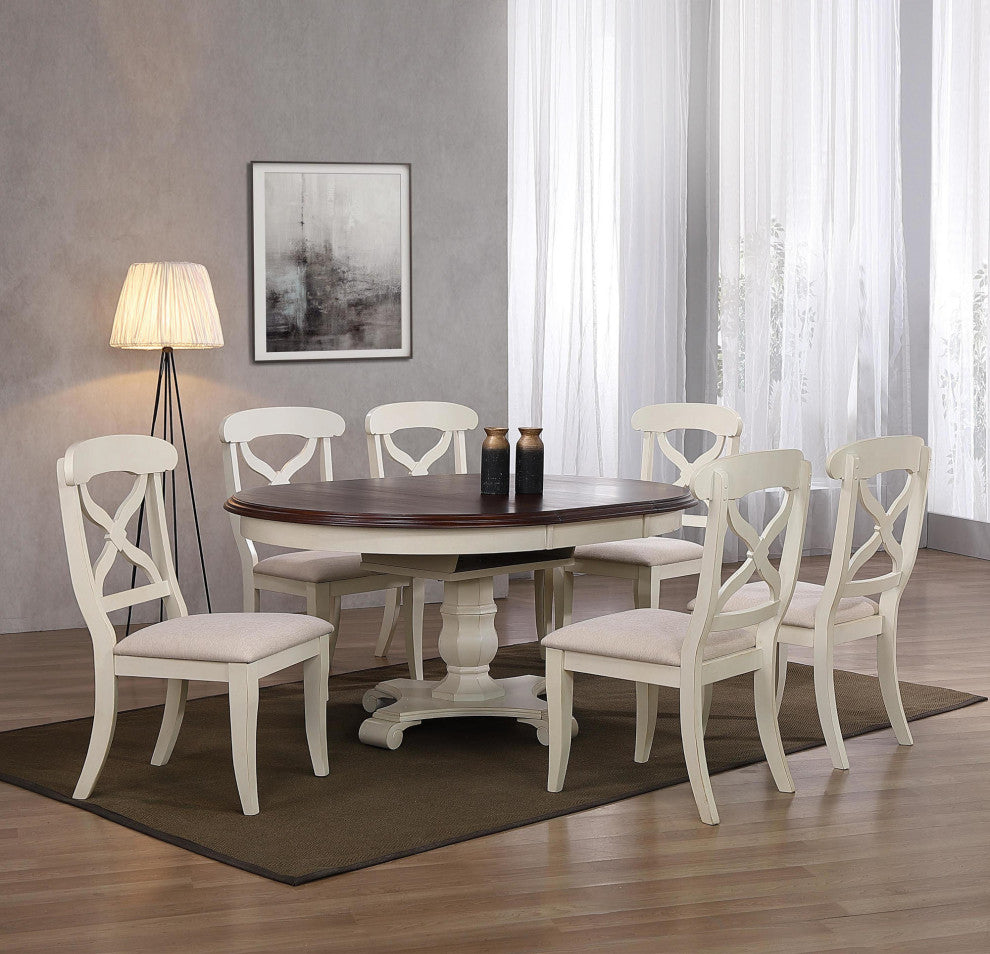 7-Piece 48" Round Or 66" Oval Extendable Dining Set, White and Chestnut Brown