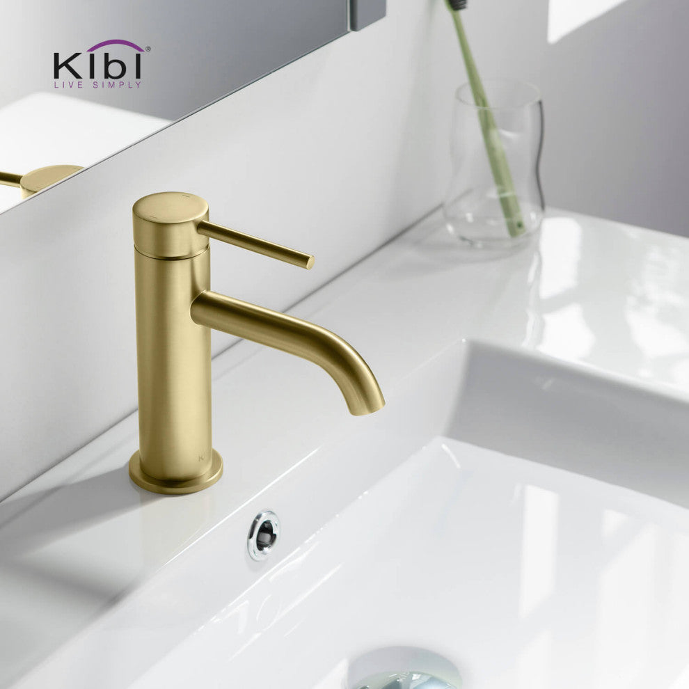 Circular Brass Single Handle Bathroom Faucet KBF1008, Brush Gold, with Drain