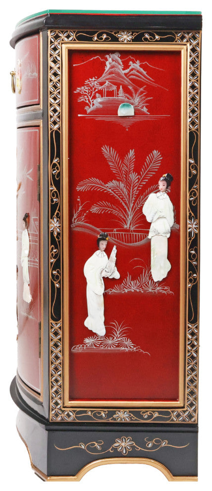 French Red Oriental Round Front Hall Cabinet