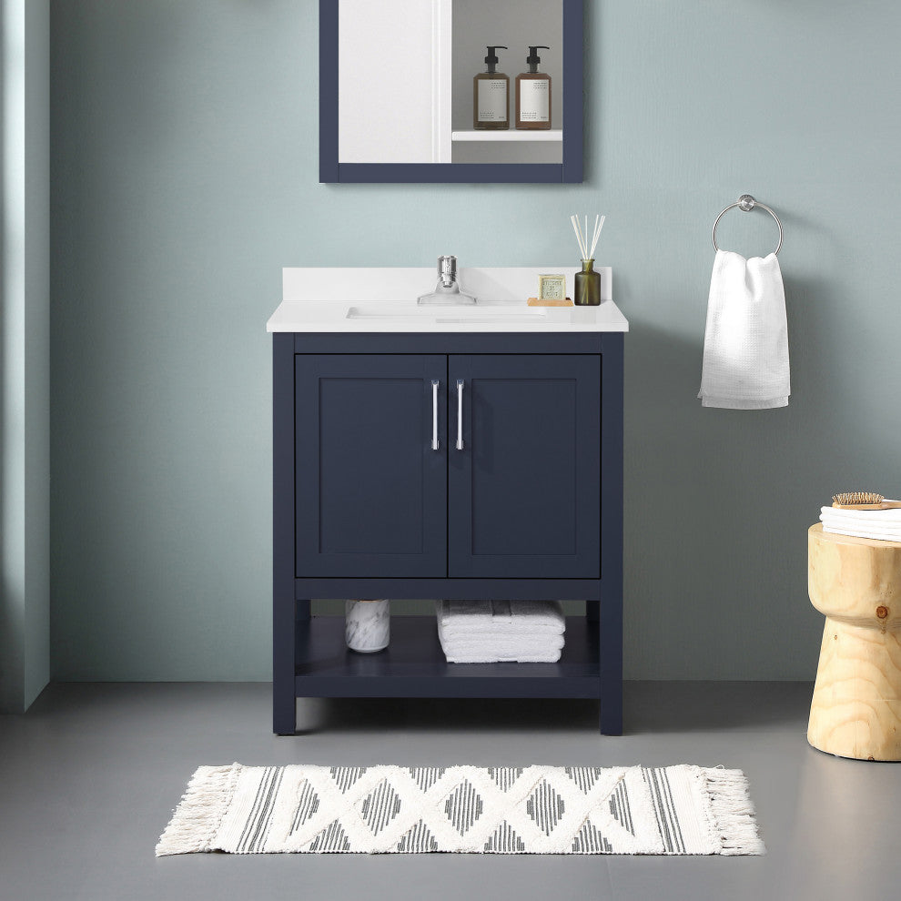 Ove Decors Vegas Single Sink Bathroom Vanity Set With Countertop, White, Midnight Blue, 30"