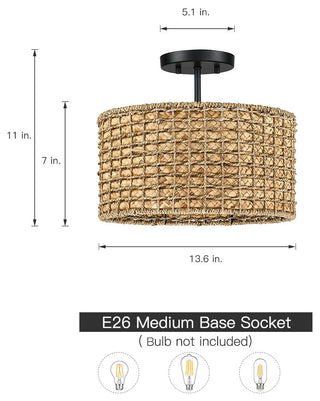 13.6" 2-Light Natural Rattan Semi-Flush Mount Ceiling Light With Black Canopy