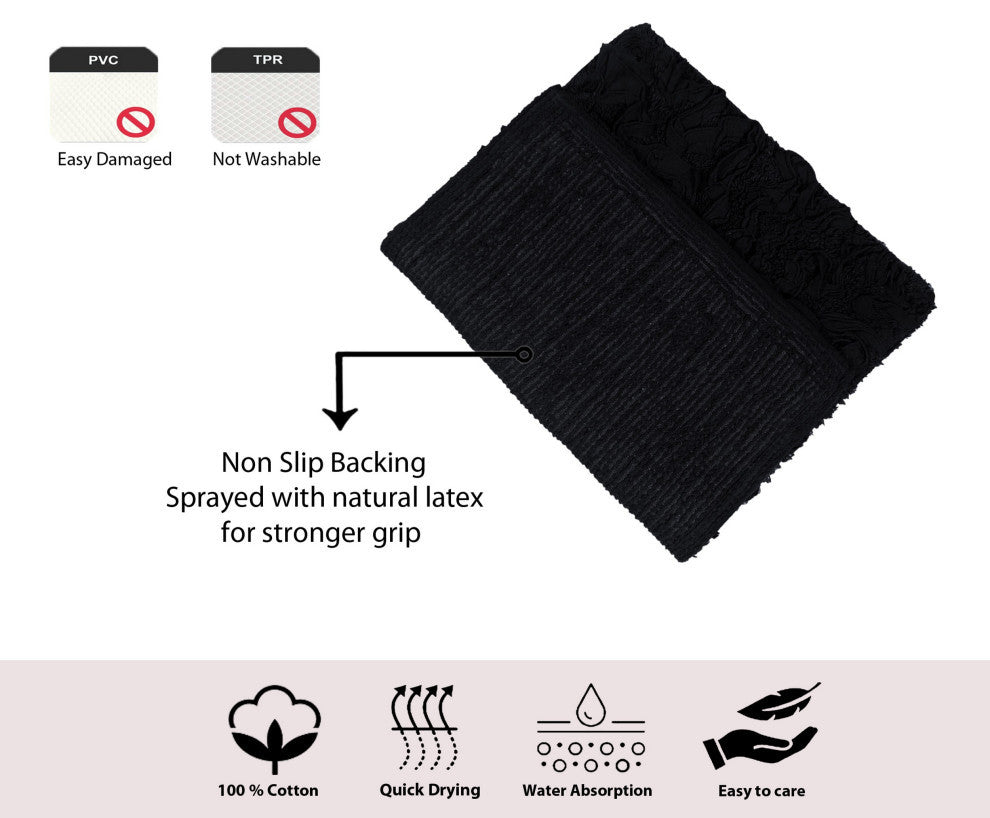 Modesto Collection 100% Cotton Machine Washable Bath Rug, 3-Piece Set, Black