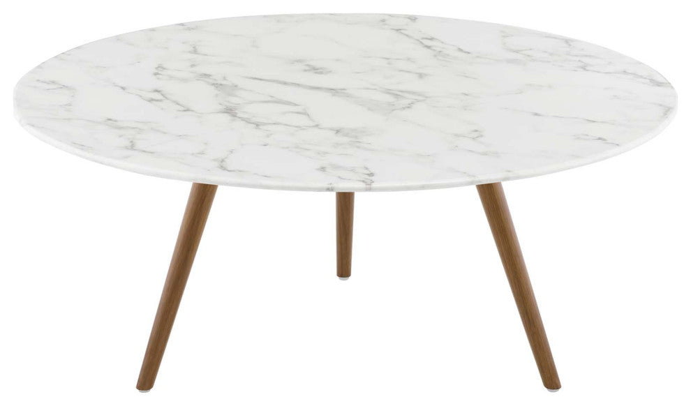 Lippa 36" Round Artificial Marble Coffee Table with Tripod Base Walnut White