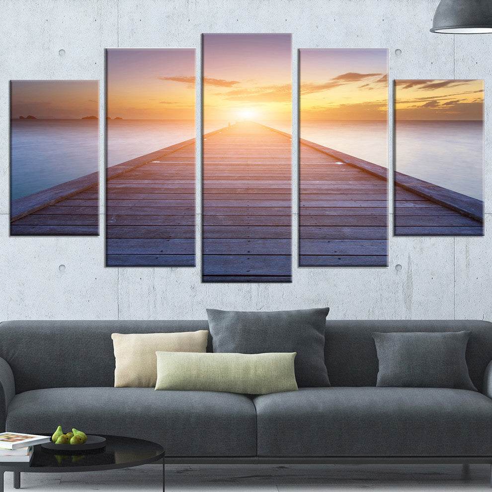 "Wooden Pier To Bright Evening Sun" Sea Bridge Wall Artwork, 5 Panels, 60"x32"