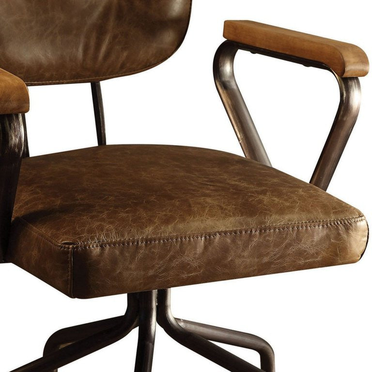 Swivel Office Chair, Metal Frame With Padded Leather Seat & Curved Arms, Whiskey