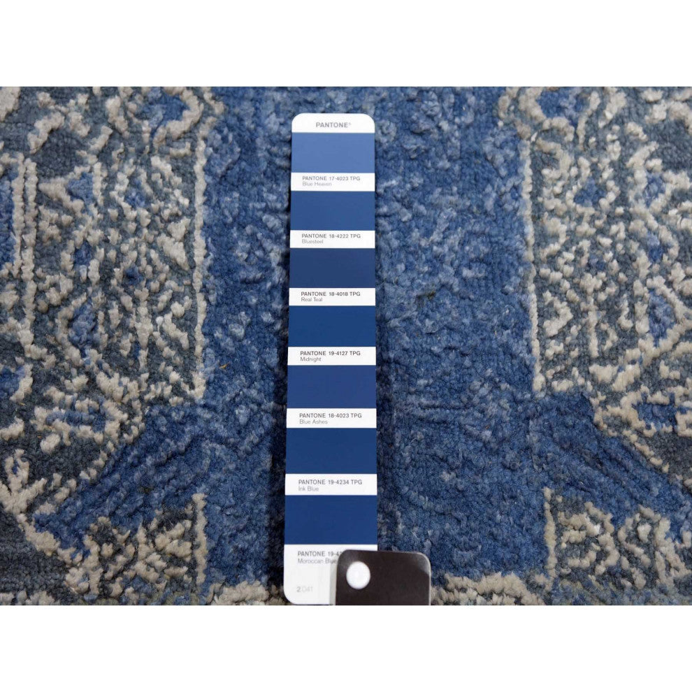 Blue Wool and Silk Jewellery Design Hand Knotted Oriental Round Rug, 10'0"x10'1"