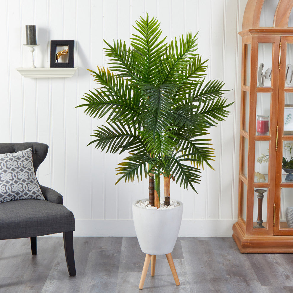 63" Areca Artificial Palm Tree, White Planter With Stand, Real Touch