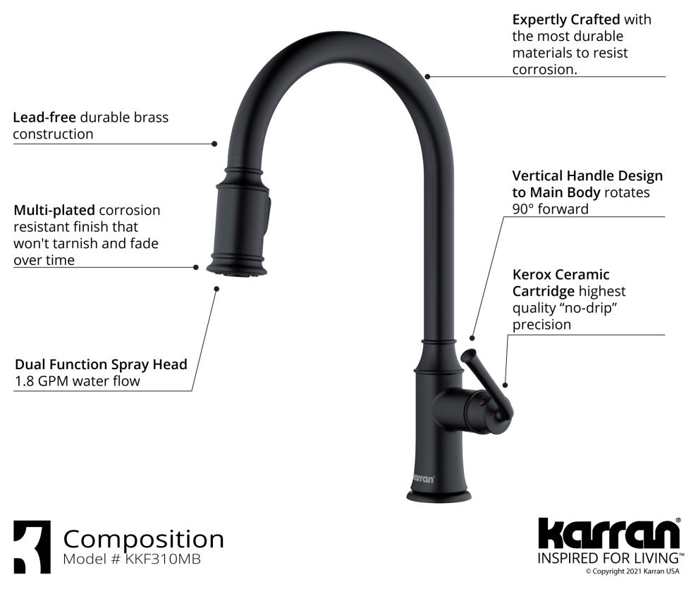 Karran KKF310 1-Handle Pull Down Dual Function Sprayer Faucet, Matte Black